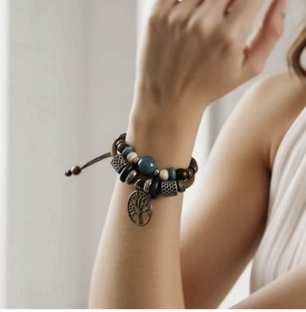 Tree of Life Charm Brown Leather Double Layer Beaded Bracelet Unisex Adjustable